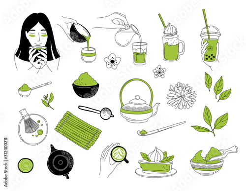 Japanese ceremony with Matcha. Eastern woman Hands holding drinking tea.