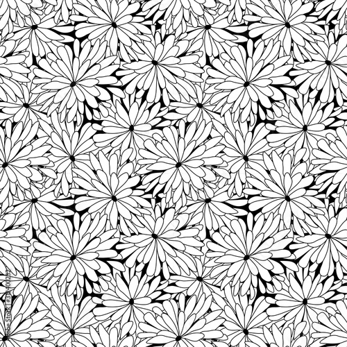 Vector illustration doodles in thin line art sketch style seamless pattern chrysanthemum.