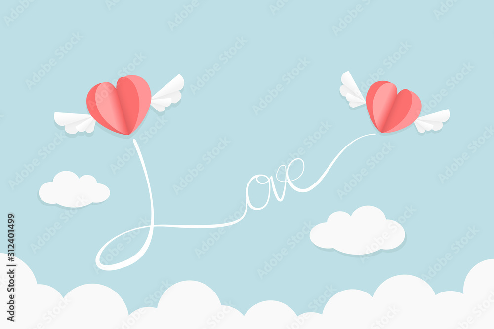 Valentine illustration of paper airplane flying in the sky with a heart
