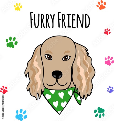 Cute placement engineered print with a vector illustration of a cocker spaniel dog puppy in a scarf tied around his neck with lettering words furry friend surrounded by paw prints photo