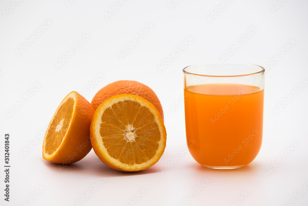 Orange juice in a glass with fresh orange fruits isolated on white Background Orange juice in a glass with fresh orange fruits isolated on white Background