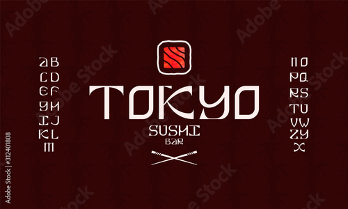 Vector handwritten display font. Japanese style Typeface. Retro ABC. Hand Made Asian Alphabet. English letters and numbers.Logo of Bar or Shop Sushi. Vector Illustration.