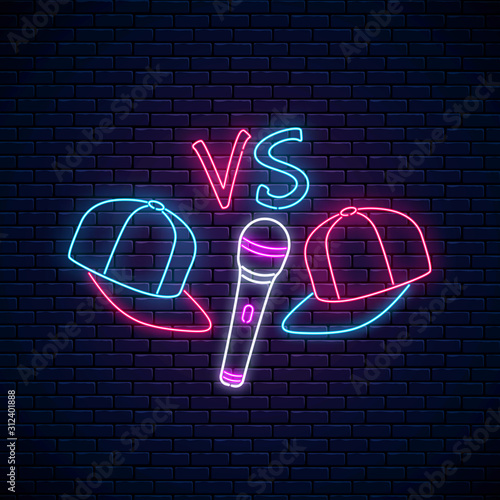 Rap battle neon sign with two baseball caps and microphone. Emblem of hip-hop music. Rap contest advertisement design