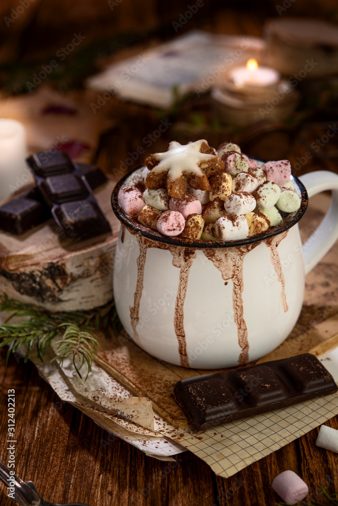 Hot chocolate with marshmallow on dark background