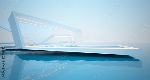 Abstract architectural white interior of a modern villa on the sea with swimming pool and neon lighting. 3D illustration and rendering. © SERGEYMANSUROV