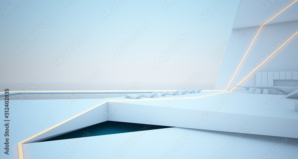Fototapeta premium Abstract architectural white interior of a modern villa on the sea with swimming pool and neon lighting. 3D illustration and rendering.