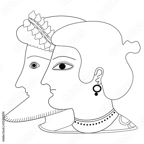 Isolated vector illustration. Two human heads in profile. Ancient Greek woman and god Dionysus. Black and white linear silhouette.
