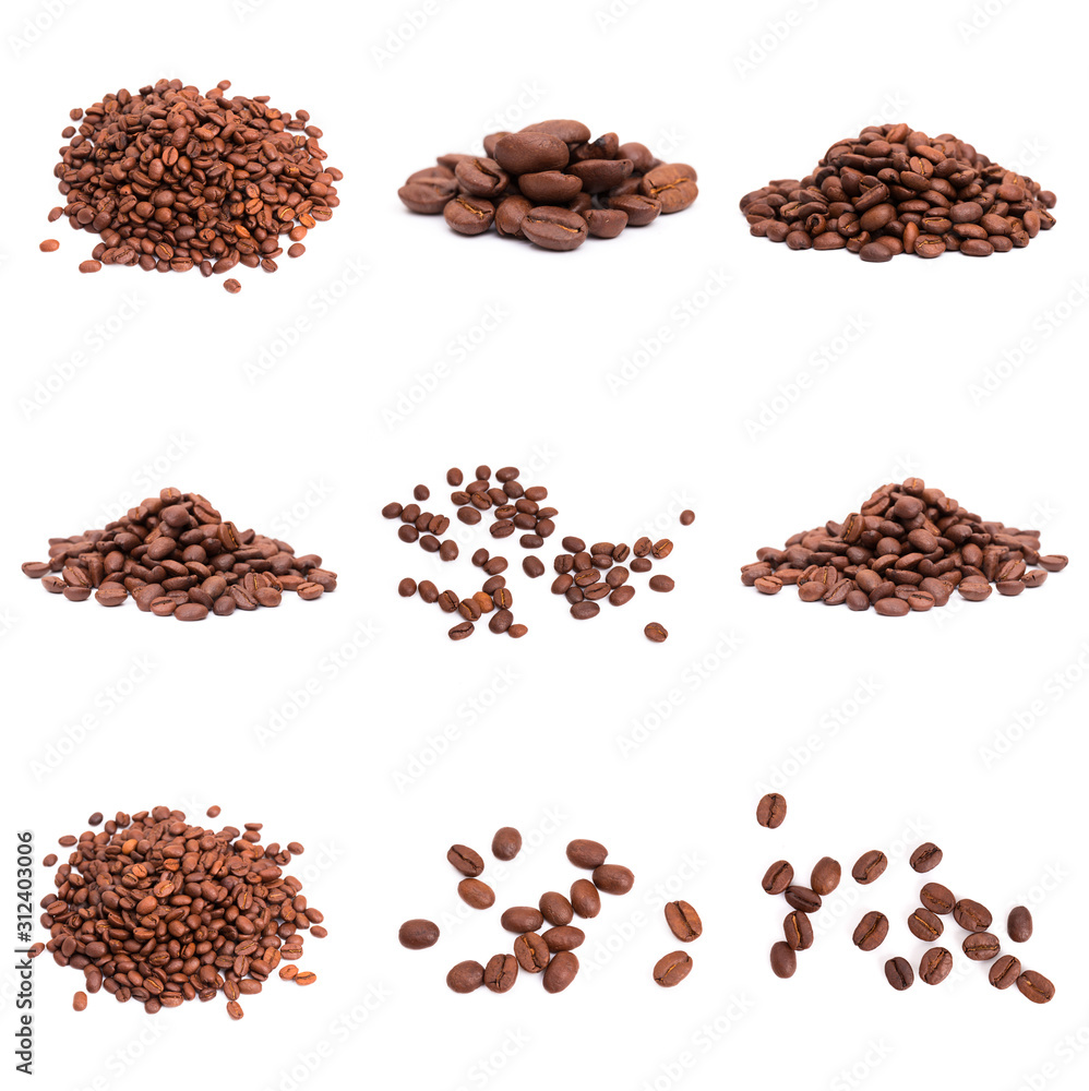 collage of Coffee beans isolated on a white background area for copy space. collage of Coffee beans isolated on a white background area for copy space.