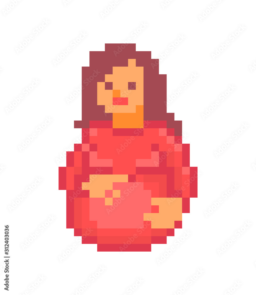 Obraz premium Pregnant woman in a red shirt touching her big belly, pixel art character isolated on white background. Girl expecting a baby, 8 bit icon. Old school vintage retro slot machine/video game graphics.