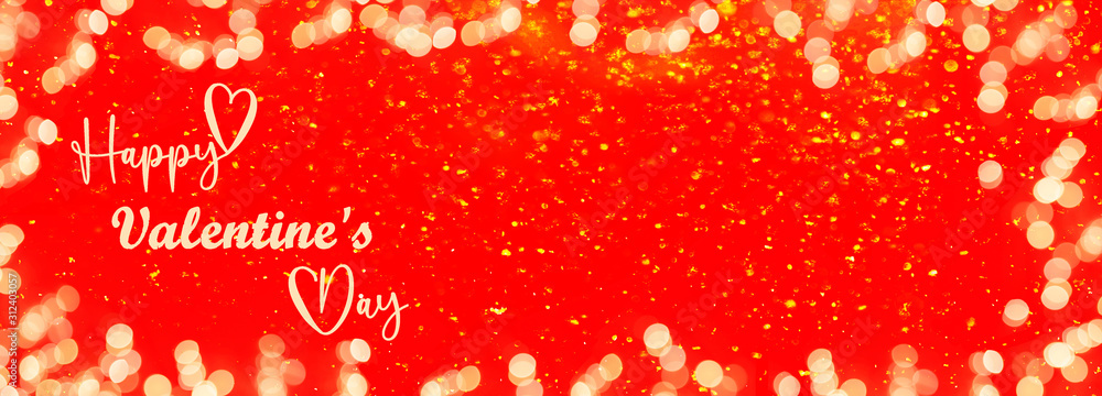 Happy Valentine's Day background banner panorama - Frame made of bokeh lights and golden glitter isolated on red texture, with space for text