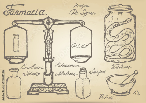 set sketch by hand (scales, bottles, mortar and pestle, jar with a snake). ink inscriptions in Latin: recipe, method of application, emulsion, solution, extract, medicine, syrup, tincture, powder
