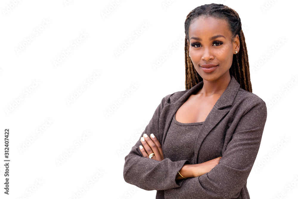 African American female company leader CEO boss executive standing confident with ambition and pride on white background - obrazy, fototapety, plakaty 