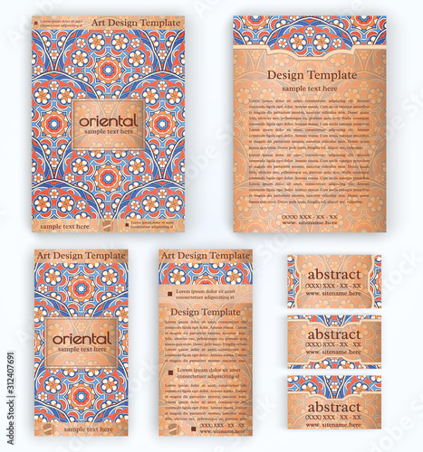Set of vector corporate identity template with floral mandala pattern and ornaments. Luxury gold oriental layout for brochure, flyer, booklet, invitation, business cards