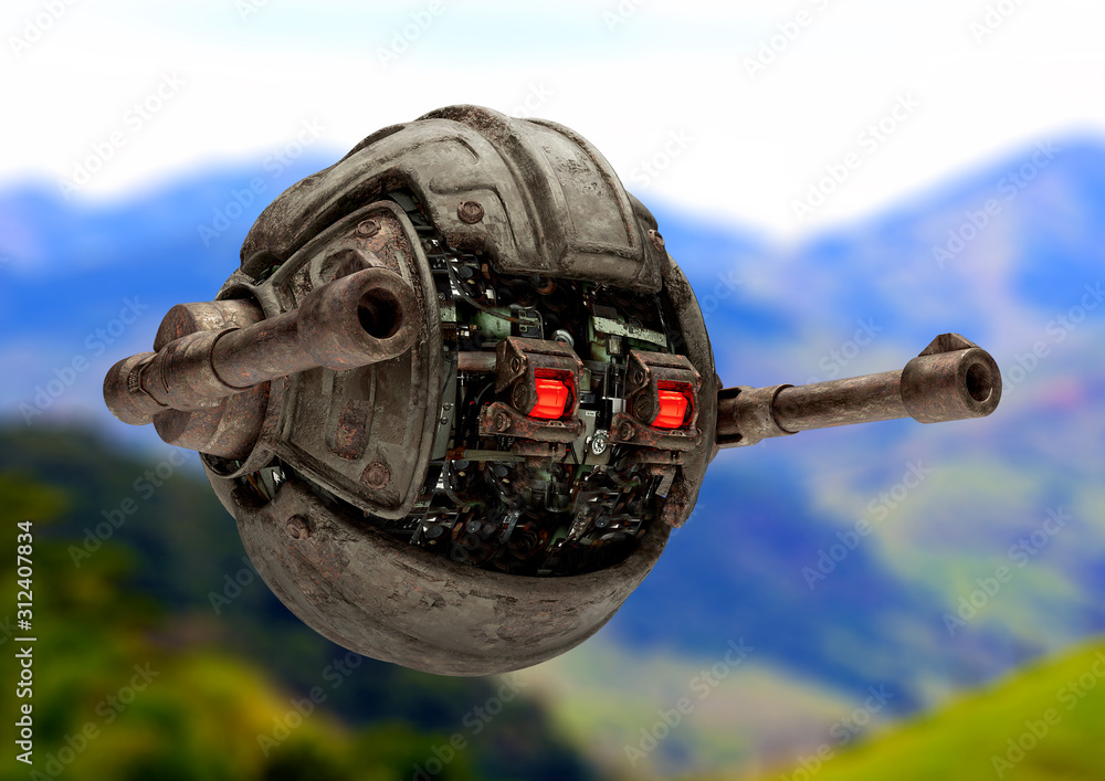 Advanced military battle robot drone flying over and monitoring the skies.  Sci-fi futuristic concept. Stock Photo | Adobe Stock