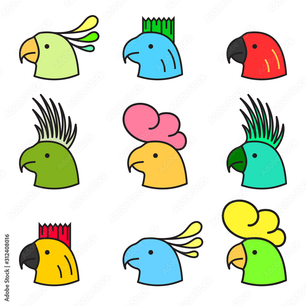 Fototapeta premium Set of parrots. Heads of parrots of different colors and with different hairstyles. Vector illustration