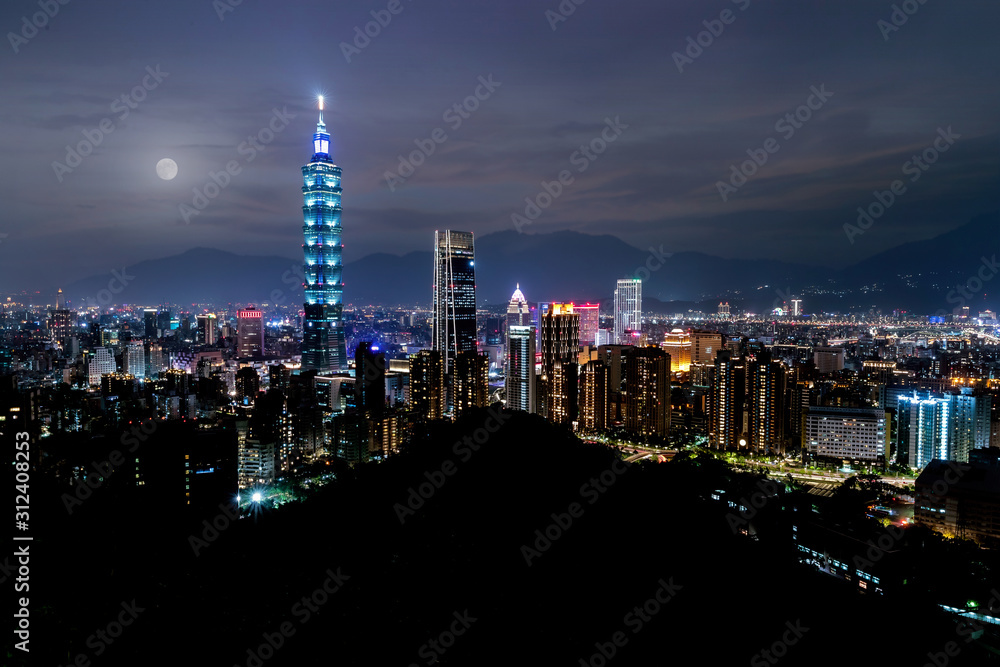 Fototapeta premium Full moon city skyline, with taipei 101 tower in taiwan, skyscraper buildings night sky