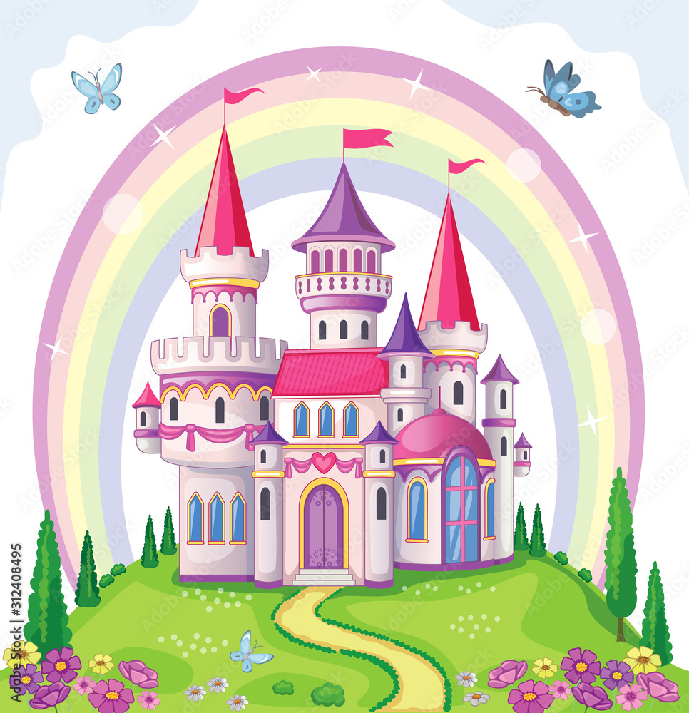 Vetor de Fairy-tale castle for Princess, magic kingdom. Vintage Palace and  beautiful flower meadow with rainbow. Wonderland. Children cartoon  illustration. Romantic story. Vector. do Stock | Adobe Stock