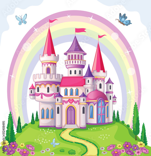 Fairy-tale castle for Princess, magic kingdom. Vintage Palace and beautiful flower meadow with rainbow. Wonderland. Children cartoon illustration. Romantic story. Vector. 