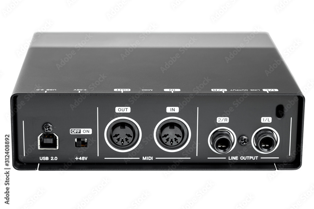 USB Audio interface back view of the panel with plugs for connection, external sound card black and silver color isolated on white background. USB Audio interface back view of the panel with plugs for connection, external sound card black and silver color isolated on white background.