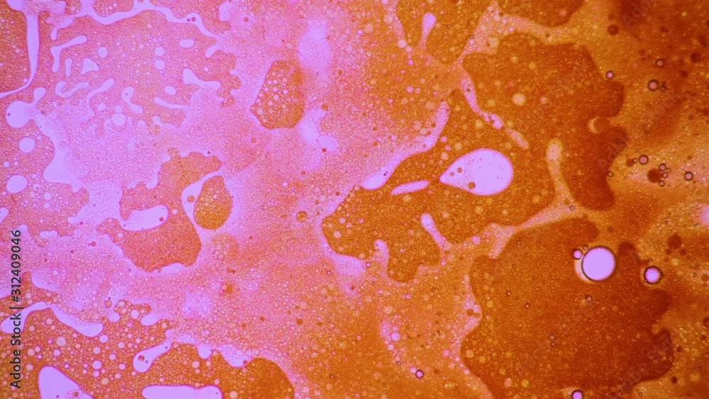 Fantastic structure of golden bubbles. Scientific experiment, chemical reactions. Chaotic motion, bubble flow expansion, curlicue of paints. Psychedelic liquid light show, ink patterns in water + oil.