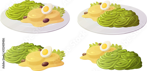Vector illustration of the peruvian food dish tallarines verdes con papa a la huancaina isolated on white background.