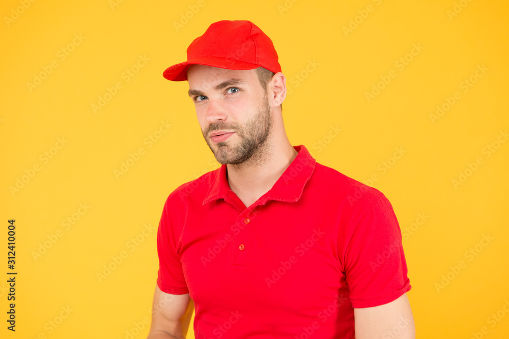 Supermarket cashier. Cashier occupation. Hiring shop worker. Handsome guy cashier uniform. Restaurant cafe staff wanted. Man delivery service wear red cap. Shop assistant. Food order delivery man Supermarket cashier. Cashier occupation. Hiring shop worker. Handsome guy cashier uniform. Restaurant cafe staff wanted. Man delivery service wear red cap. Shop assistant. Food order delivery man