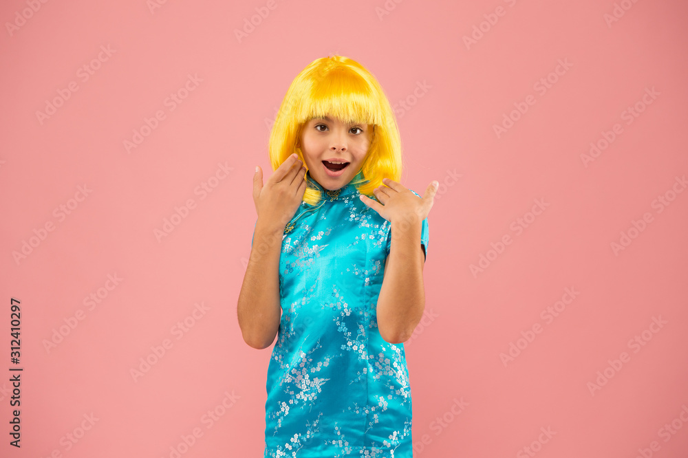 Anime admirer. Girl yellow wig. Cosplay character concept. Japanese style. Eastern trends for teens. Hobby and entertainment. Pop culture. Anime fan. Child cute cosplayer. Anime emotional expression Anime admirer. Girl yellow wig. Cosplay character concept. Japanese style. Eastern trends for teens. Hobby and entertainment. Pop culture. Anime fan. Child cute cosplayer. Anime emotional expression