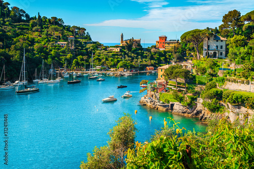 Tela Mediterranean cityscape with spectacular harbor, Portofino, Liguria, Italy, Euro