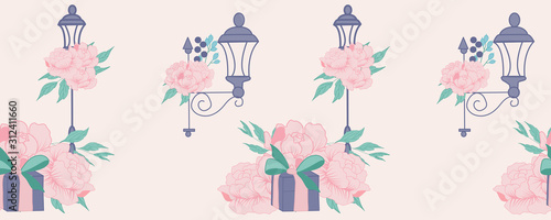 horizontal border with gifts and street lamps