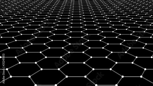 Vector perspective grid of hexagons. Detailed lines and dots on black background.