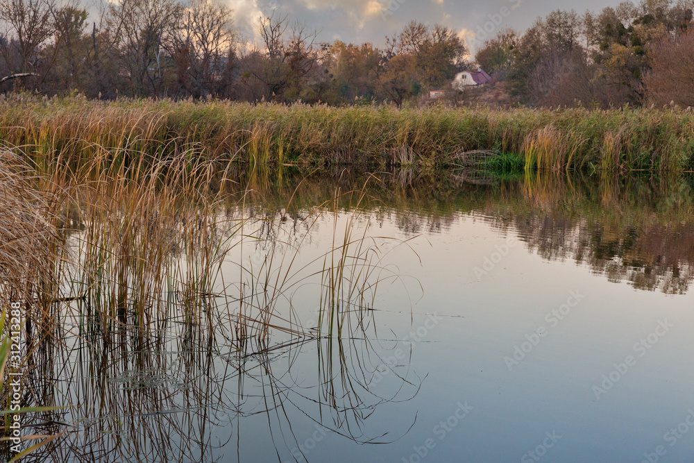Fototapeta premium Autumn rural sunset river Ros landscape, Ukraine