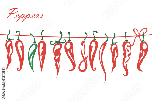 collection of red hot chili peppers in cord isolated on white background