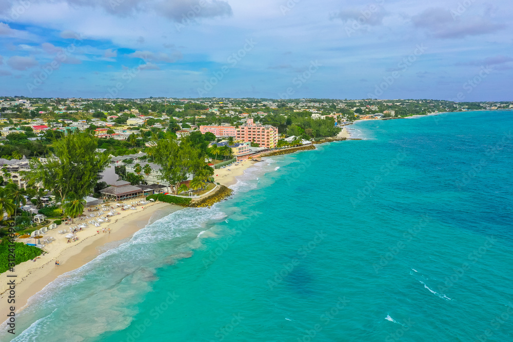 Aerial drone view of a beach in Barbados 