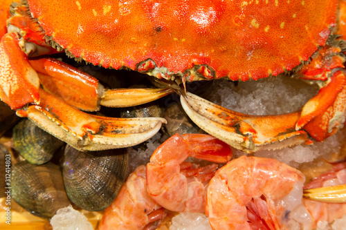 crab and seafood on ice
