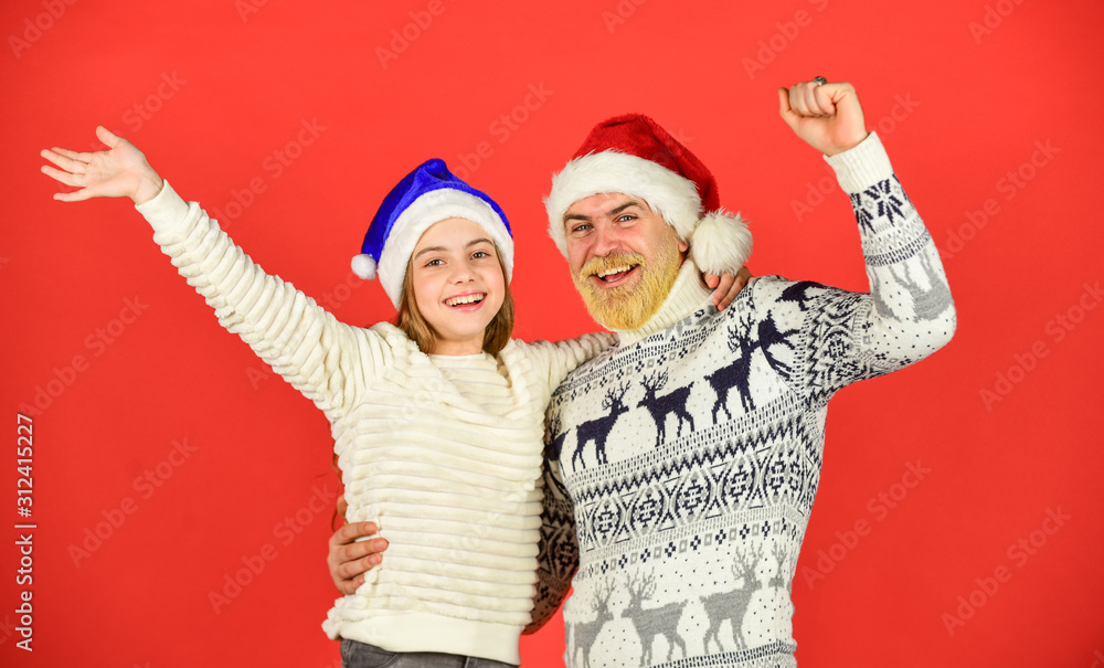 Are you ready. funny knitted sweater. father and daughter celebrate  christmas. xmas party together. they love