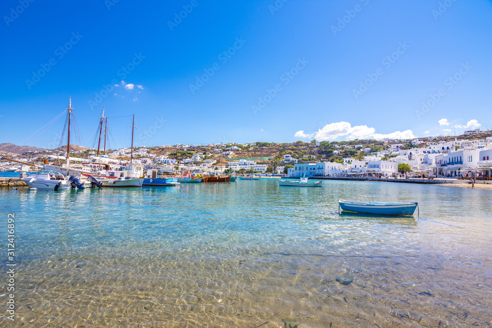 Mykonos port with boats, Cyclades islands, Greece