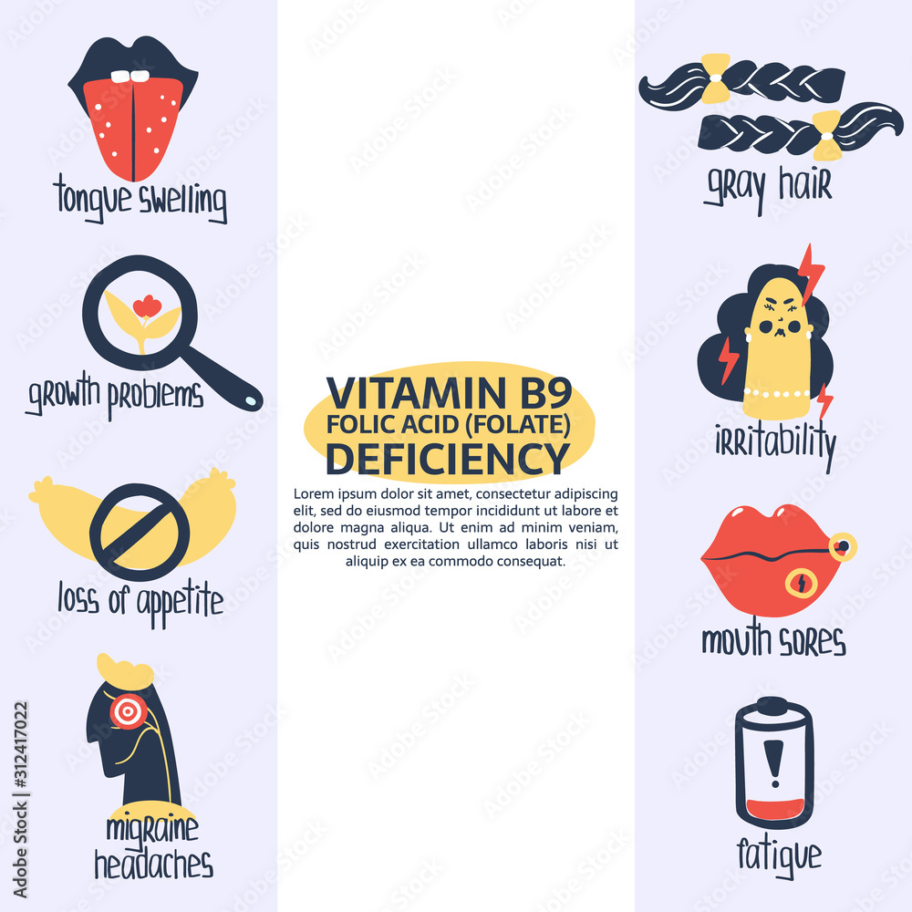 Hand drawn vitamin B9 or folic acid, folate deficiency: dry gray hair ...