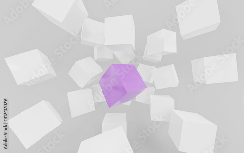 Fototapeta Naklejka Na Ścianę i Meble -  white and violet flying cubes and boxes in in front of white background abstract 3 render illustration