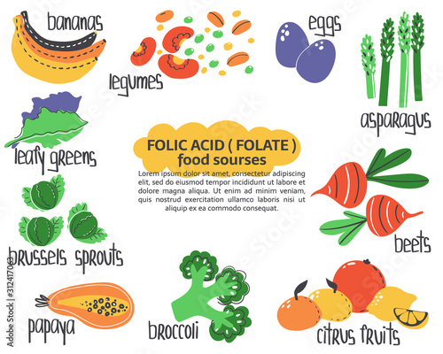 Hand drawn vitamin B9 or folic acid, folate food sources: legumes, asparagus, banana, papaya, eggs, beets, broccoli. Vector illustration is for pharmacological or medical poster, brochure.