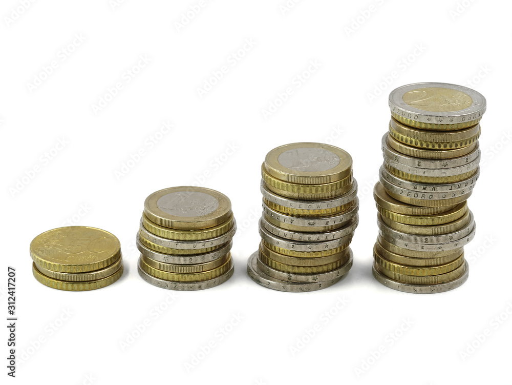 euro coins stacked up in a row isolated on white background euro coins stacked up in a row isolated on white background