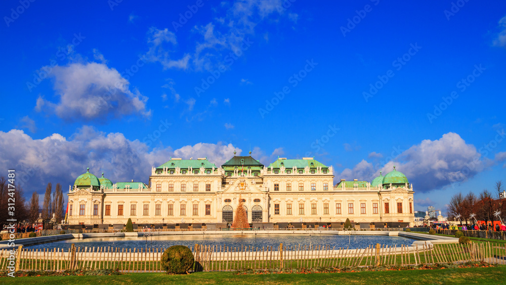 Festive city landscape - view of the Upper Belvedere on Christmas eve in the city of Vienna, Austria
