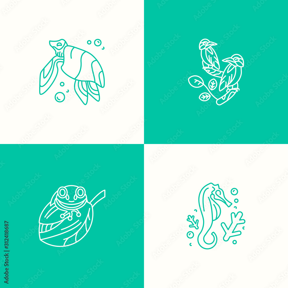 Naklejka premium Animal icons set in trand color of the year 2020 Biscay Green. For logo template, social media post, web and design.