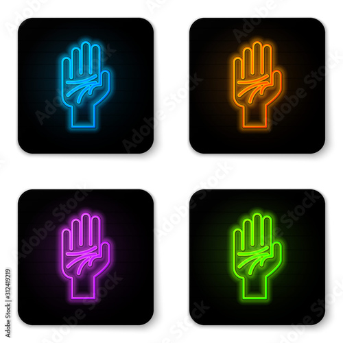 Glowing neon Palmistry of the hand icon isolated on white background. Black square button. Vector Illustration