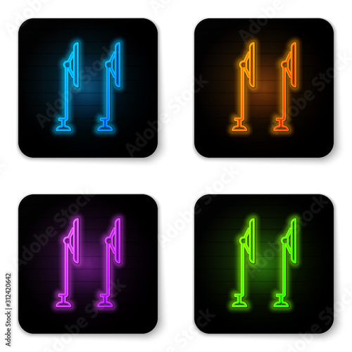 Glowing neon Windscreen wiper icon isolated on white background. Black square button. Vector Illustration