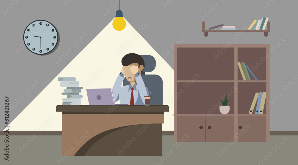 Professional burnout syndrome. Exhausted tired male manager in the office sad sitting with head down on laptop. Frustrated worker mental health problems. Flat style. Vector illustration