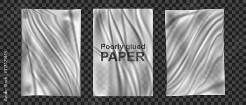 Set of poorly glued and wet paper on an isolated background, crumpled white paper for your design, vector illustration