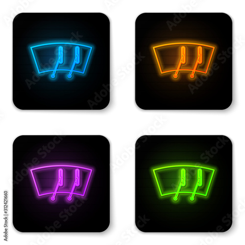 Glowing neon Windscreen wiper icon isolated on white background. Black square button. Vector Illustration