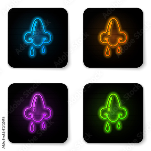 Glowing neon Runny nose icon isolated on white background. Rhinitis symptoms, treatment. Nose and sneezing. Nasal diseases. Black square button. Vector Illustration