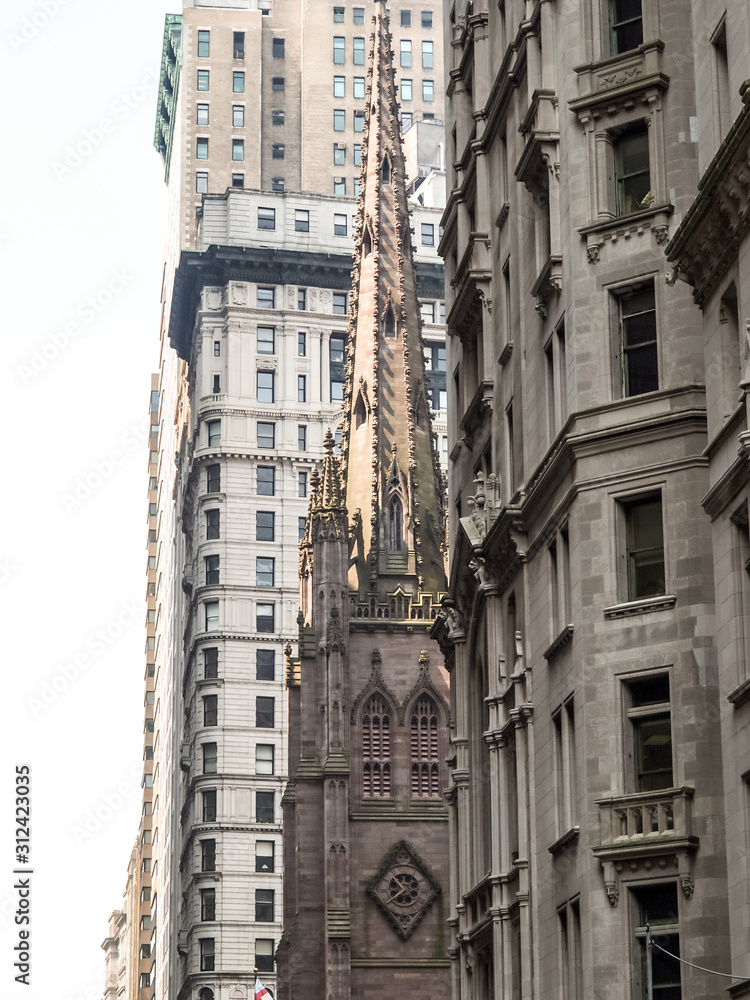 New York street view with modern and old historic buildings