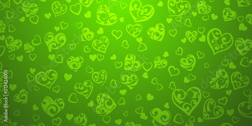 Background of big and small hearts with ornament of curls, in green colors